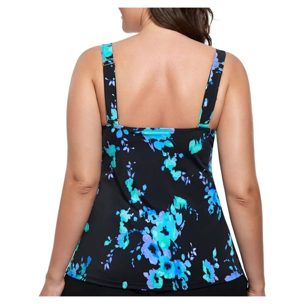 FULLFITALL Nwt Flared Tankini 16 Blue Poppies / Black Flattering Relaxed Fit - Picture 2 of 11